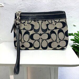 COACH Signature Pleated Wristlet Black & Grey Canvas & Leather 7" x 5"
